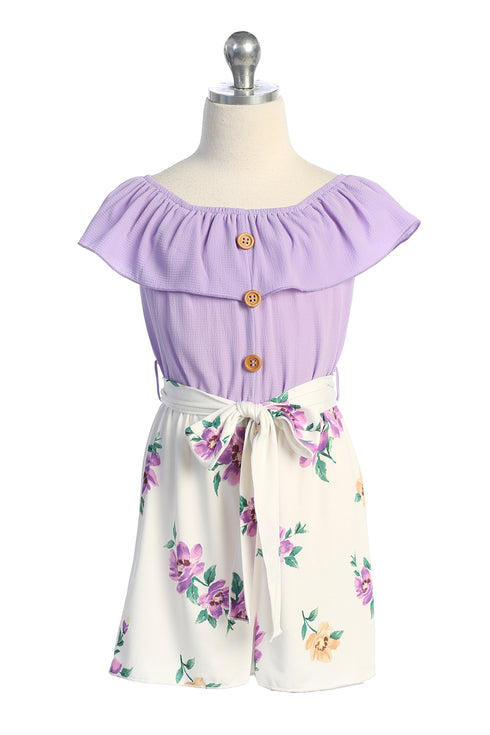 Girls Ruffle-Trim Buttoned Romper with Waist Tie, Sizes 4-14